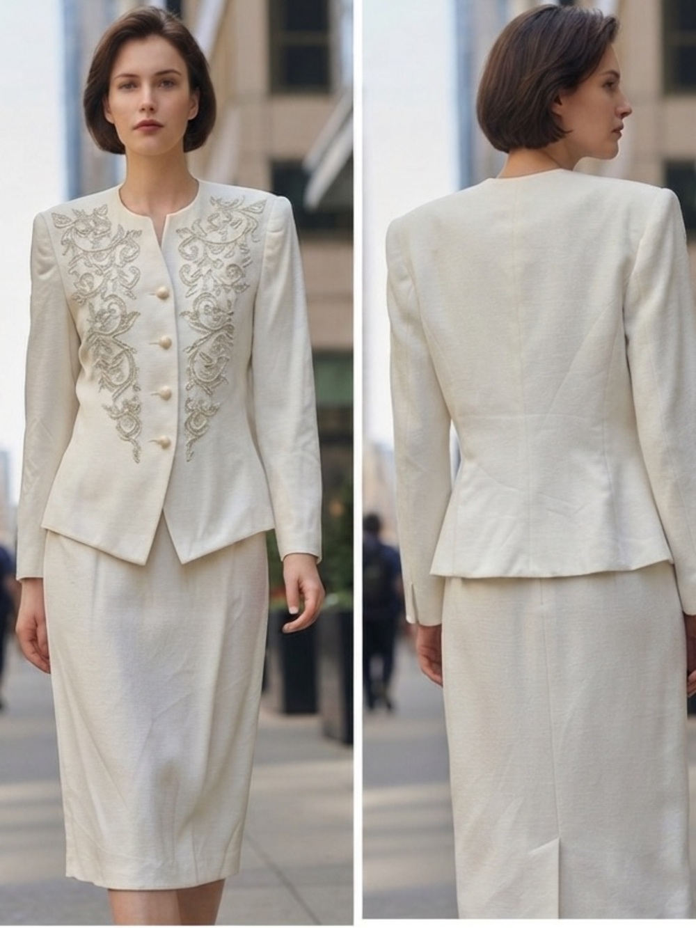 Vintage Jacqueline Ferrar White Beaded Skirt Suit Size 12